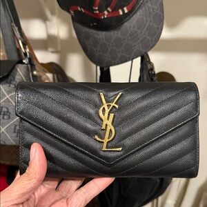 Yves Saint Laurent Quilted Black Wallet with Gold Logo